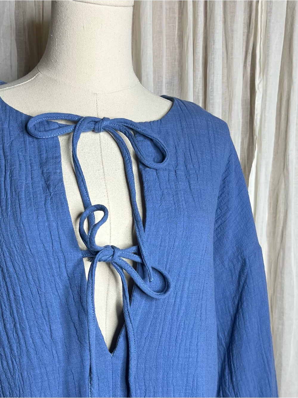 ZARA Tie Front Long Sleeve Blue Romper - Picture 3 of 6